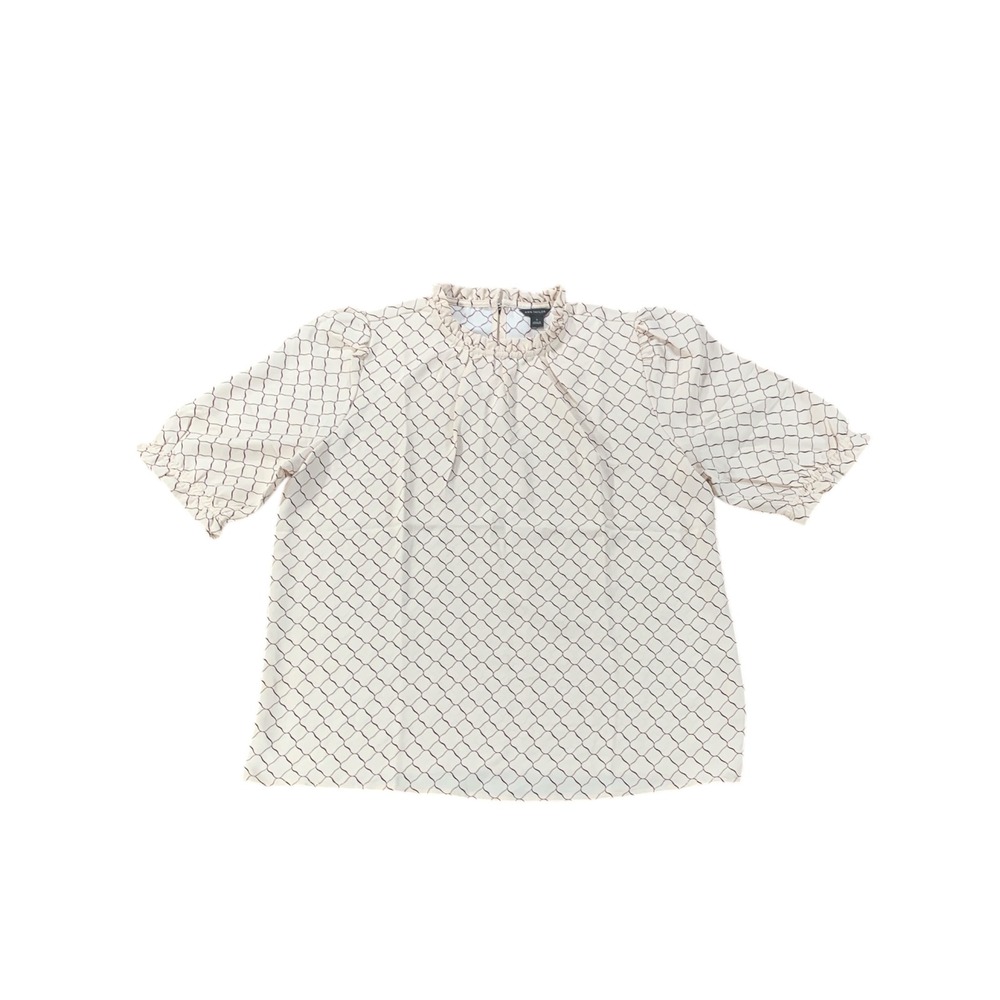 Ann Taylor Women's Beige Geometric Print Ruffle‎ Neck Short Sleeve Blouse Top S